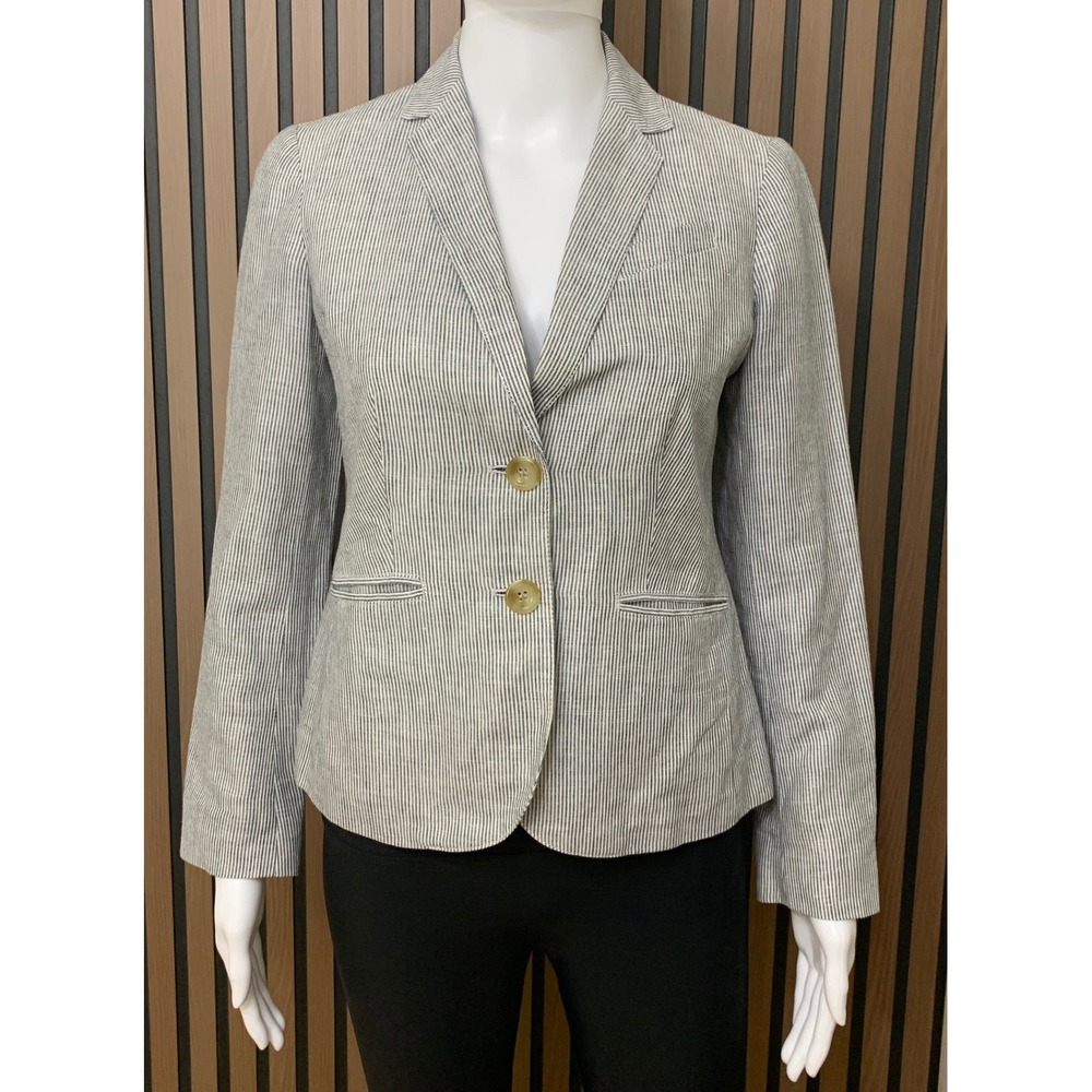 Talbots Petites Blue White Pinstripe Linen Blend Blazer Jacket 2P Classic
